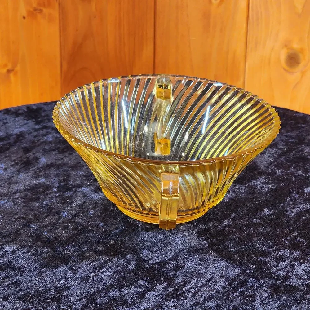 Vintage Amber Depression Glass Bowl -Art Deco Ribbed Serving Dish- Double Handle